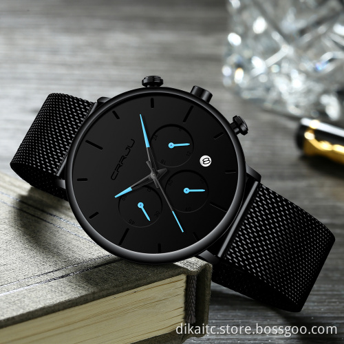 CRRJU Mens Business Dress Watches Luxury Casual Waterproof Sport Watch Men 3 eyes Dial Quartz Slim Mesh Watch Relogio Masculino
